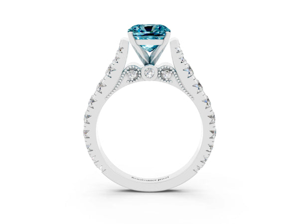 Silver Cushion Cut Blue Topaz Classic Solitaire Ring with Pavé Band and Four-Prong Setting