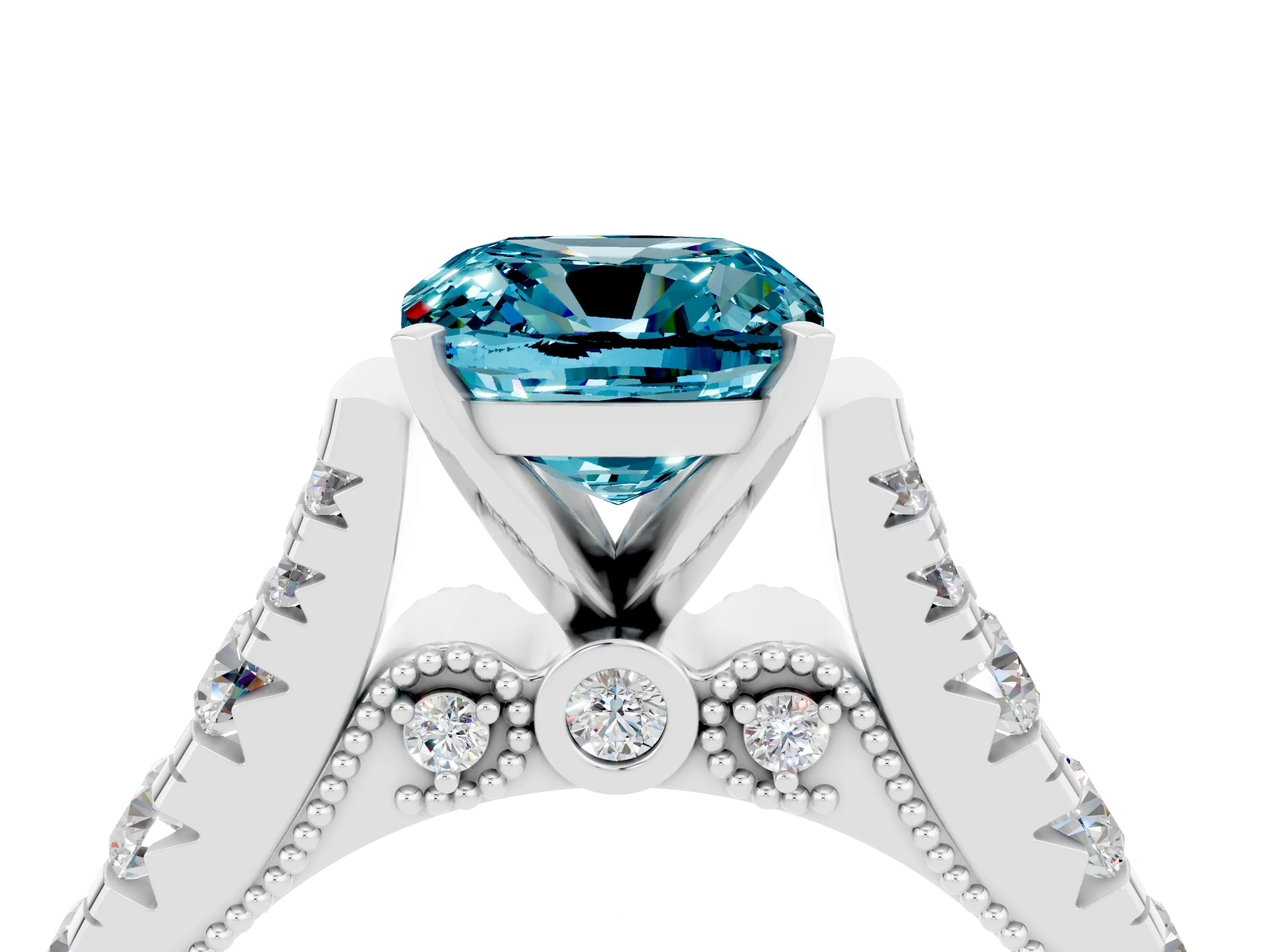 White gold Cushion Cut Blue Topaz Classic Solitaire Ring with Pavé Band and Four-Prong Setting_4