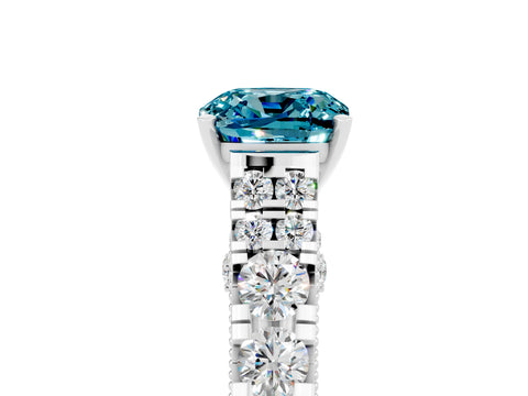White gold Cushion Cut Blue Topaz Classic Solitaire Ring with Pavé Band and Four-Prong Setting_5