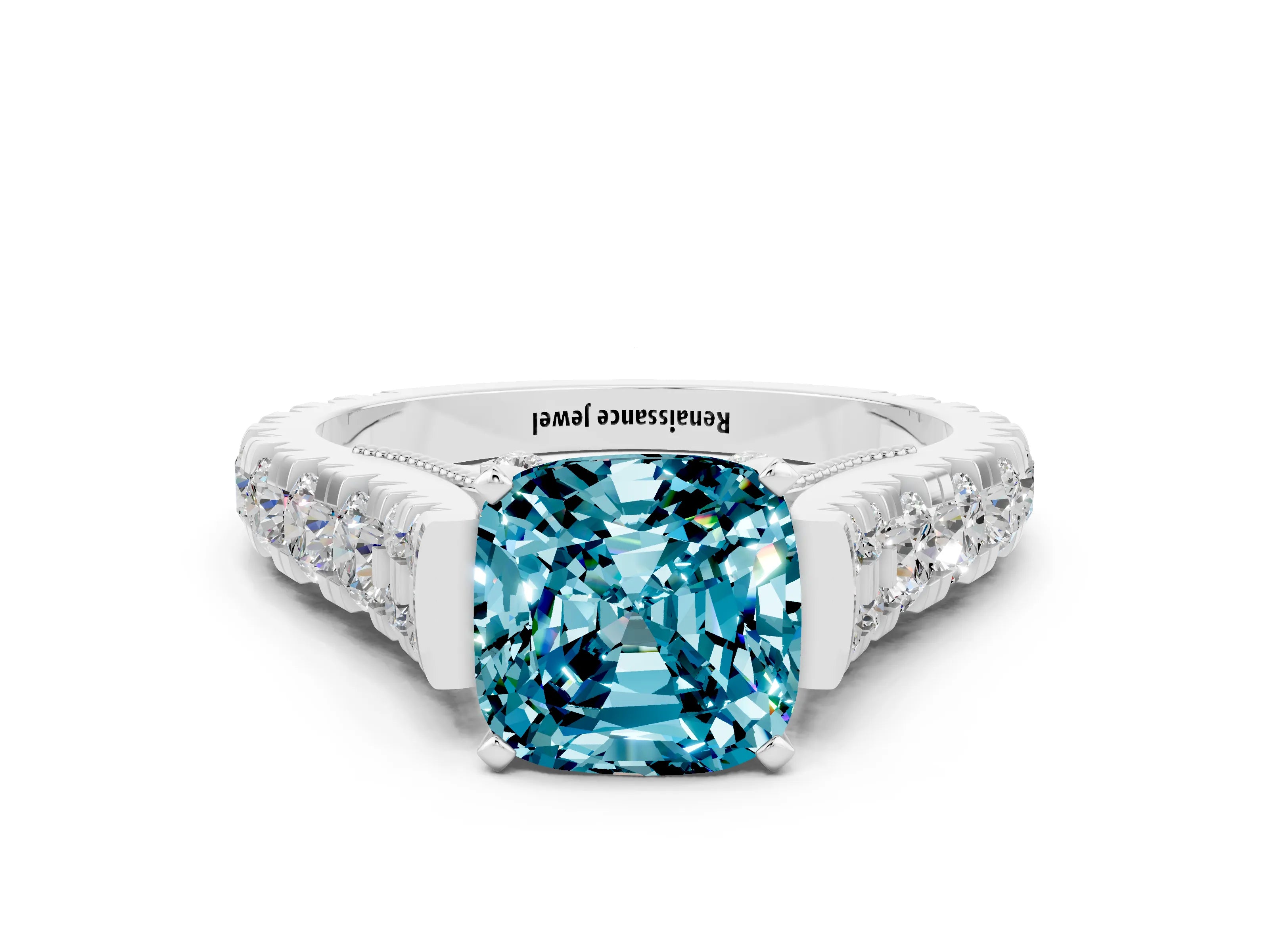 White gold Cushion Cut Blue Topaz Classic Solitaire Ring with Pavé Band and Four-Prong Setting