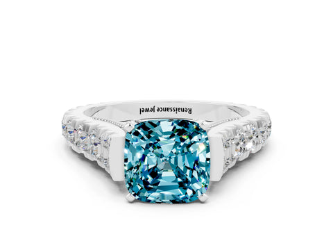 White gold Cushion Cut Blue Topaz Classic Solitaire Ring with Pavé Band and Four-Prong Setting