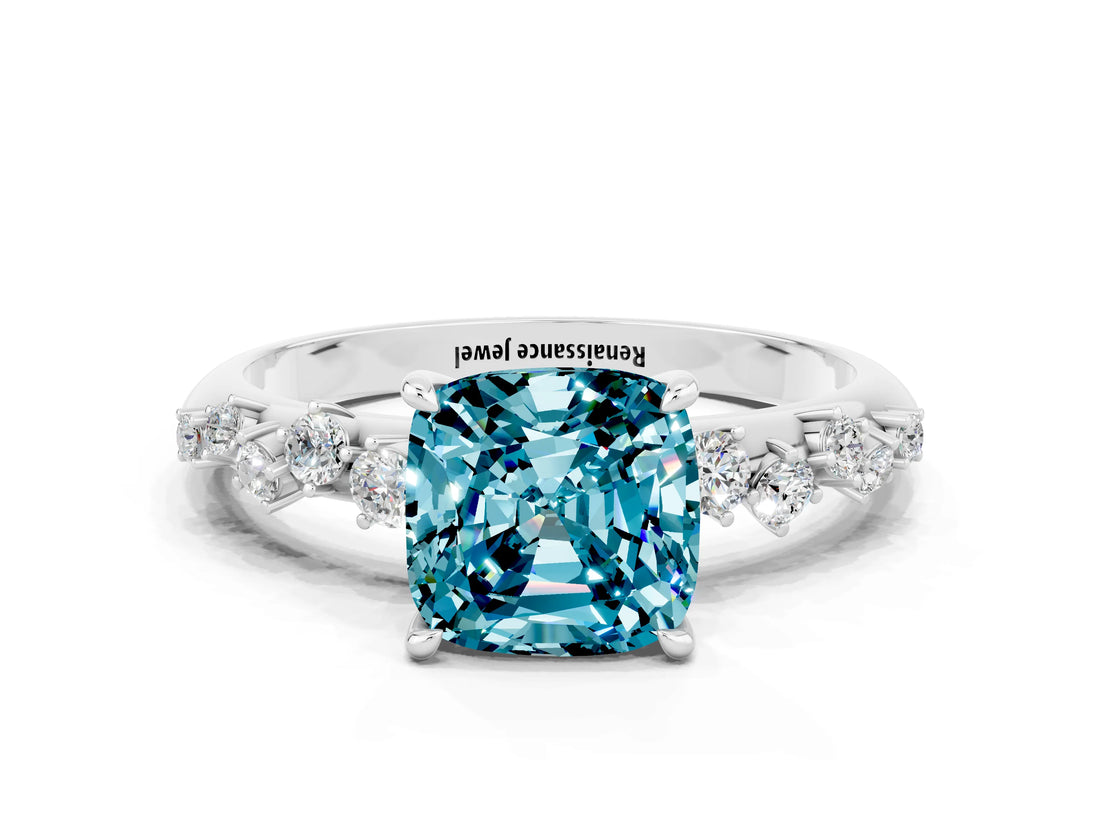 White gold Cushion Cut Blue Topaz Cluster Side Stone Solitaire Ring with Prong Setting_24