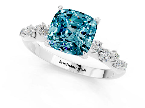 White gold Cushion Cut Blue Topaz Cluster Side Stone Solitaire Ring with Prong Setting_25