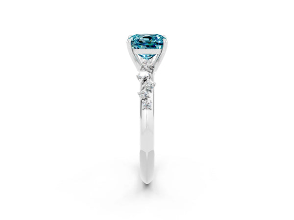 Platinum Cushion Cut Blue Topaz Cluster Side Stone Solitaire Ring with Prong Setting