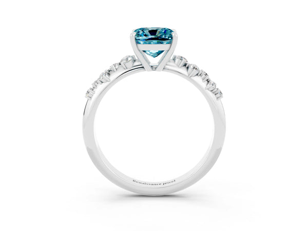 Platinum Cushion Cut Blue Topaz Cluster Side Stone Solitaire Ring with Prong Setting