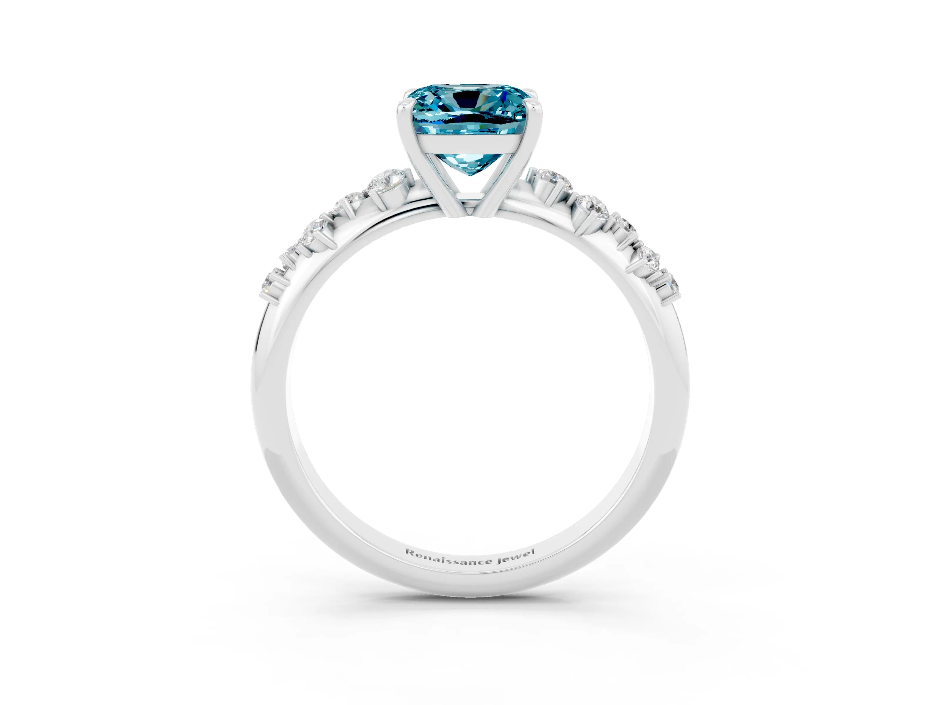 White gold Cushion Cut Blue Topaz Cluster Side Stone Solitaire Ring with Prong Setting_27