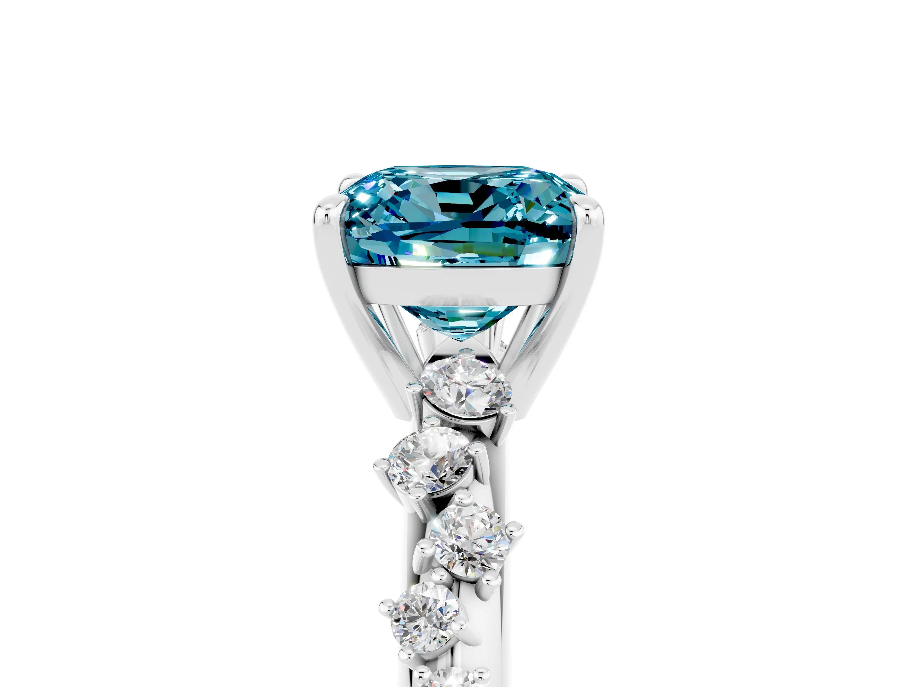 White gold Cushion Cut Blue Topaz Cluster Side Stone Solitaire Ring with Prong Setting_29
