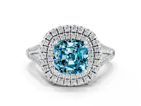White gold Cushion Cut Blue Topaz Double Halo Ring with Pavé Band and Prong Setting_12