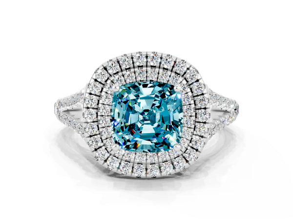 Silver Cushion Cut Blue Topaz Double Halo Ring with Pavé Band and Prong Setting