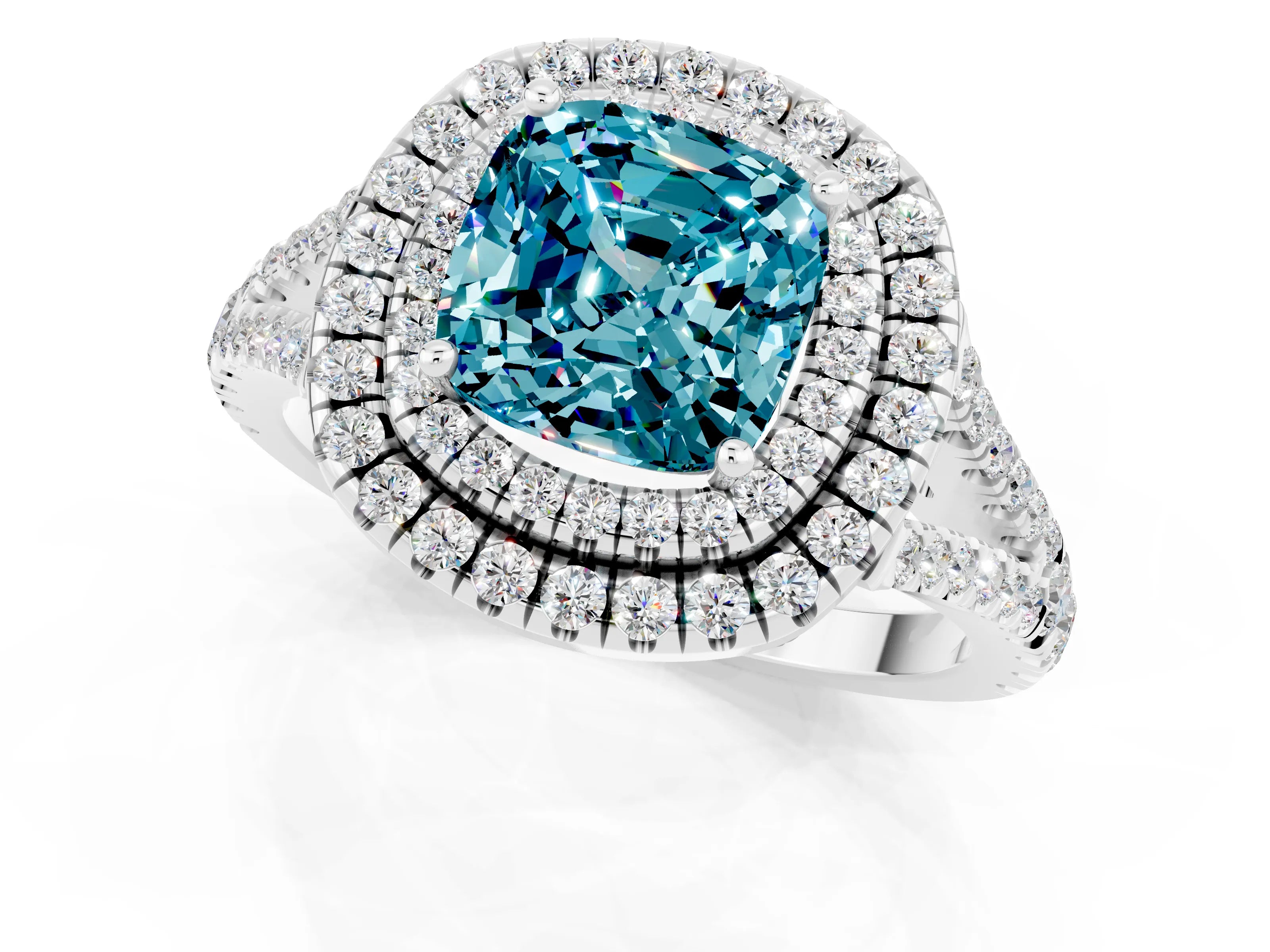White gold Cushion Cut Blue Topaz Double Halo Ring with Pavé Band and Prong Setting_13