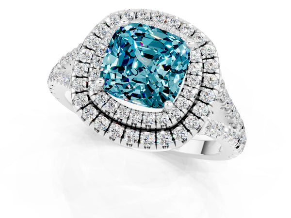 White gold Cushion Cut Blue Topaz Double Halo Ring with Pavé Band and Prong Setting
