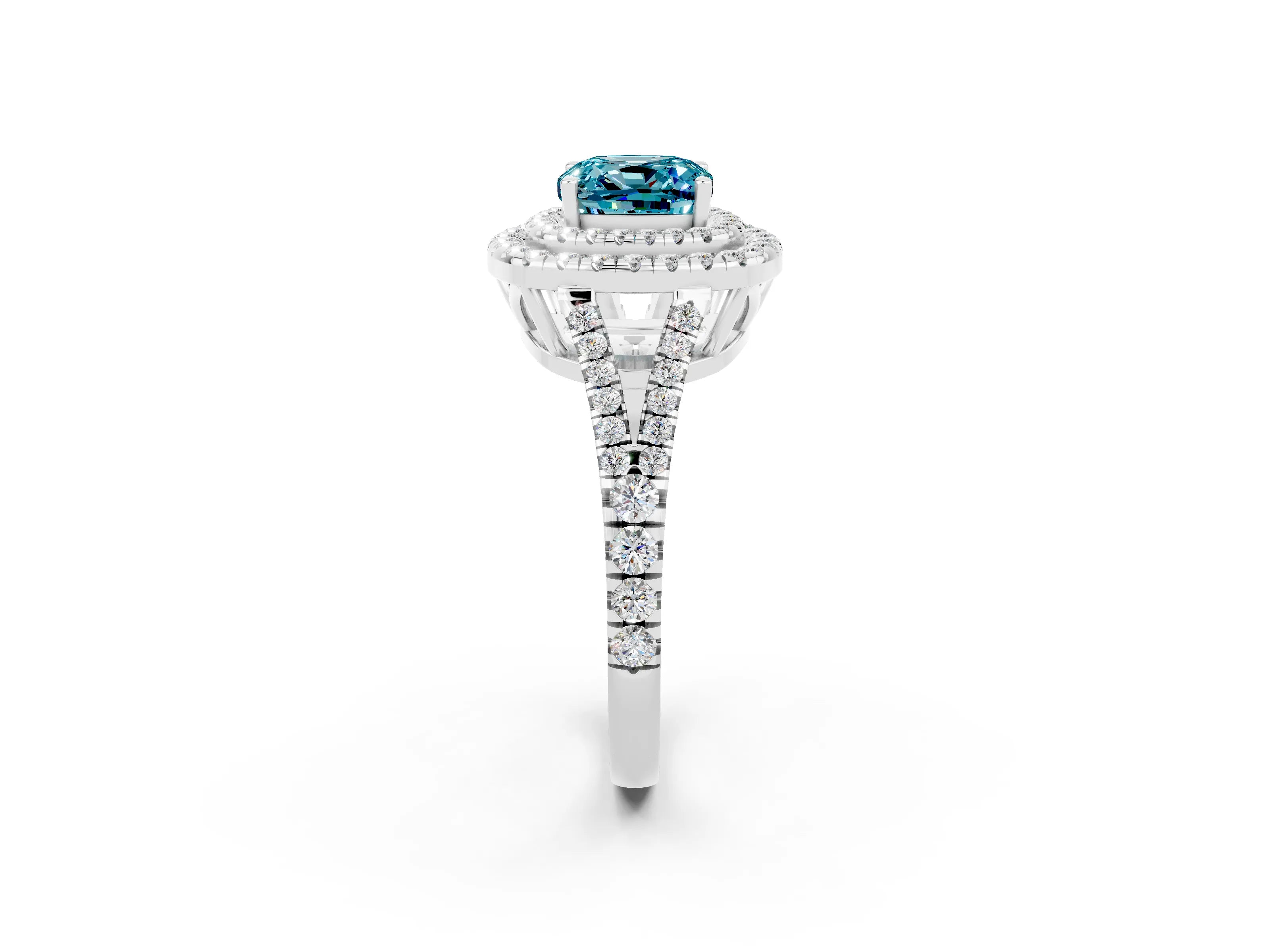 White gold Cushion Cut Blue Topaz Double Halo Ring with Pavé Band and Prong Setting_14