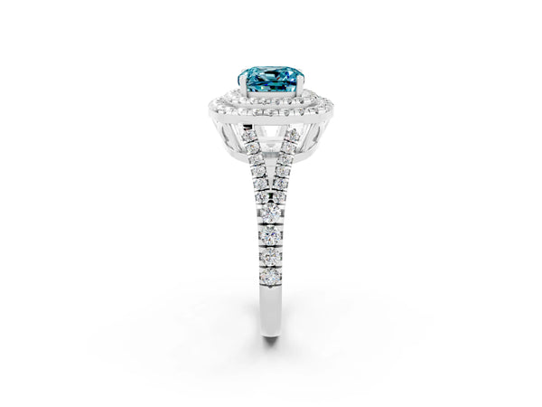 White gold Cushion Cut Blue Topaz Double Halo Ring with Pavé Band and Prong Setting