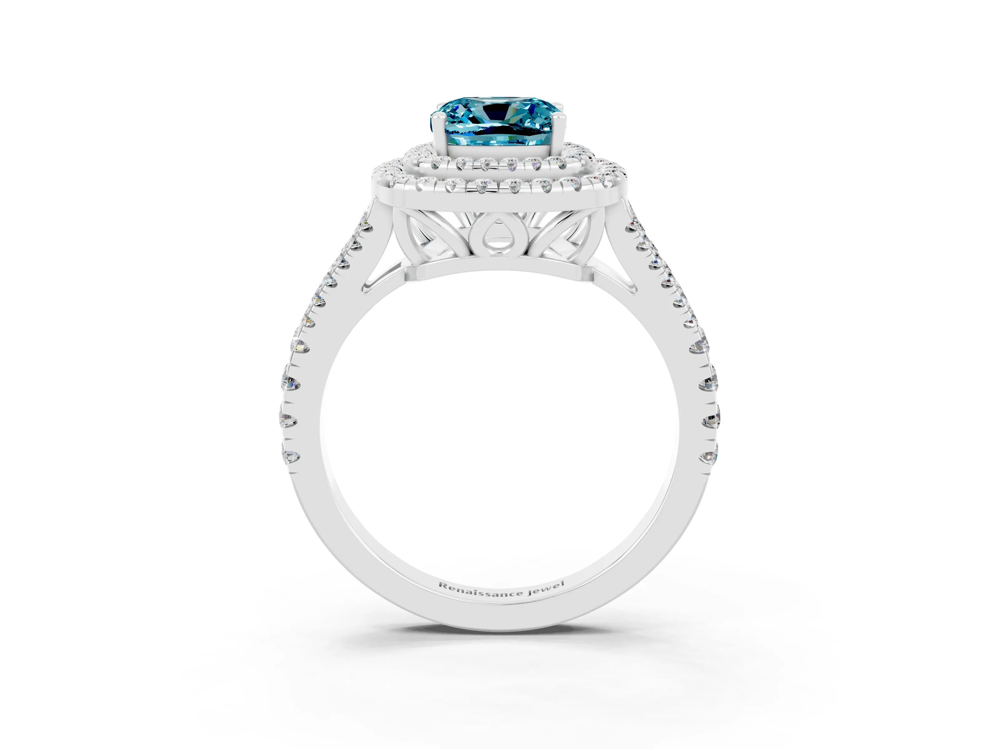White gold Cushion Cut Blue Topaz Double Halo Ring with Pavé Band and Prong Setting_15