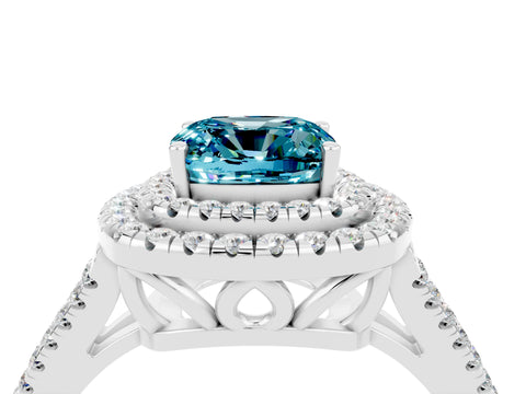 White gold Cushion Cut Blue Topaz Double Halo Ring with Pavé Band and Prong Setting_16