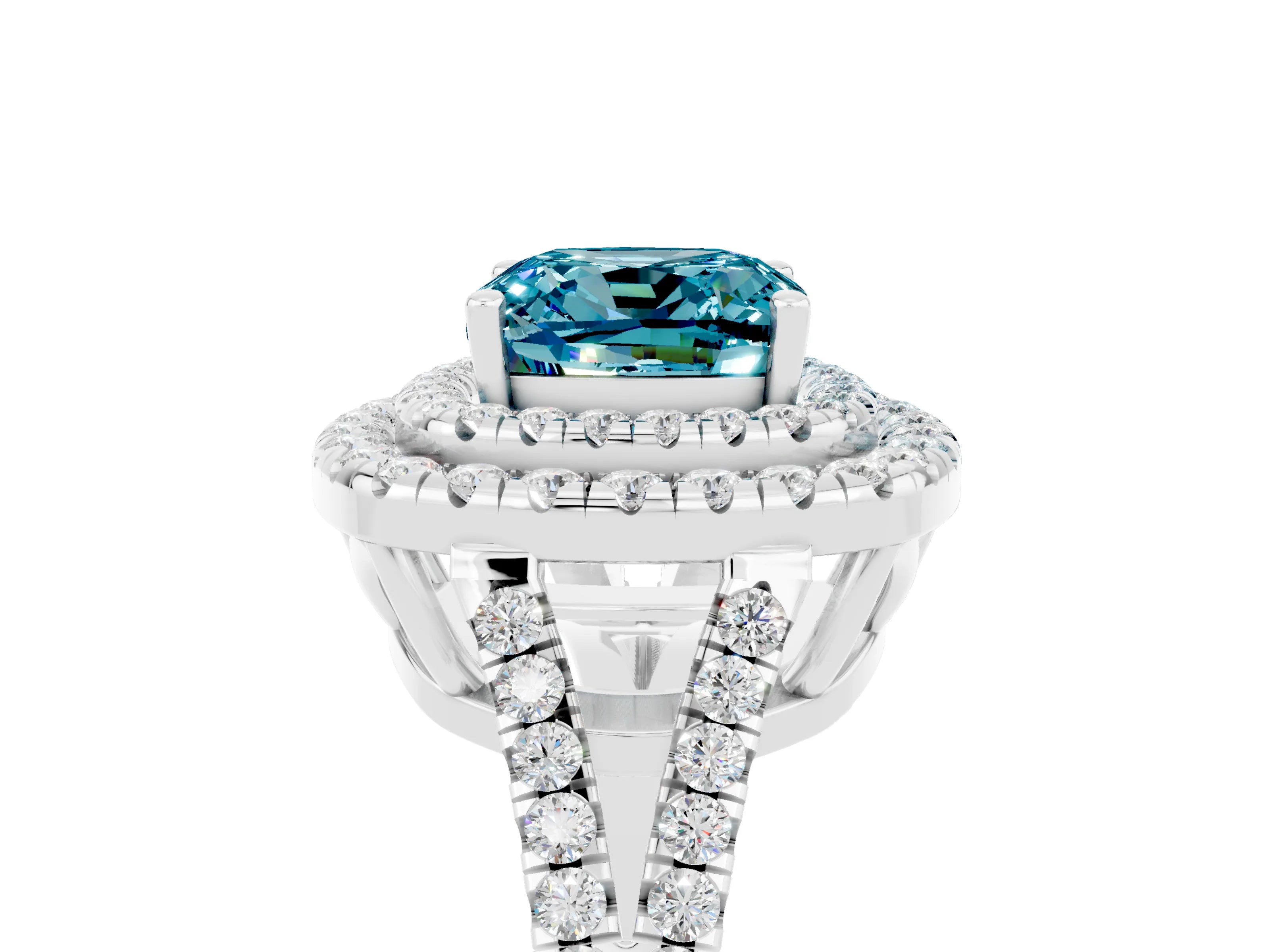 White gold Cushion Cut Blue Topaz Double Halo Ring with Pavé Band and Prong Setting_17