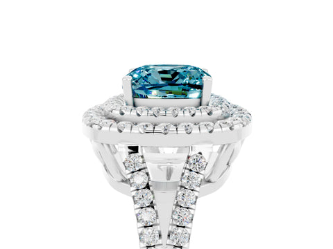 White gold Cushion Cut Blue Topaz Double Halo Ring with Pavé Band and Prong Setting_17