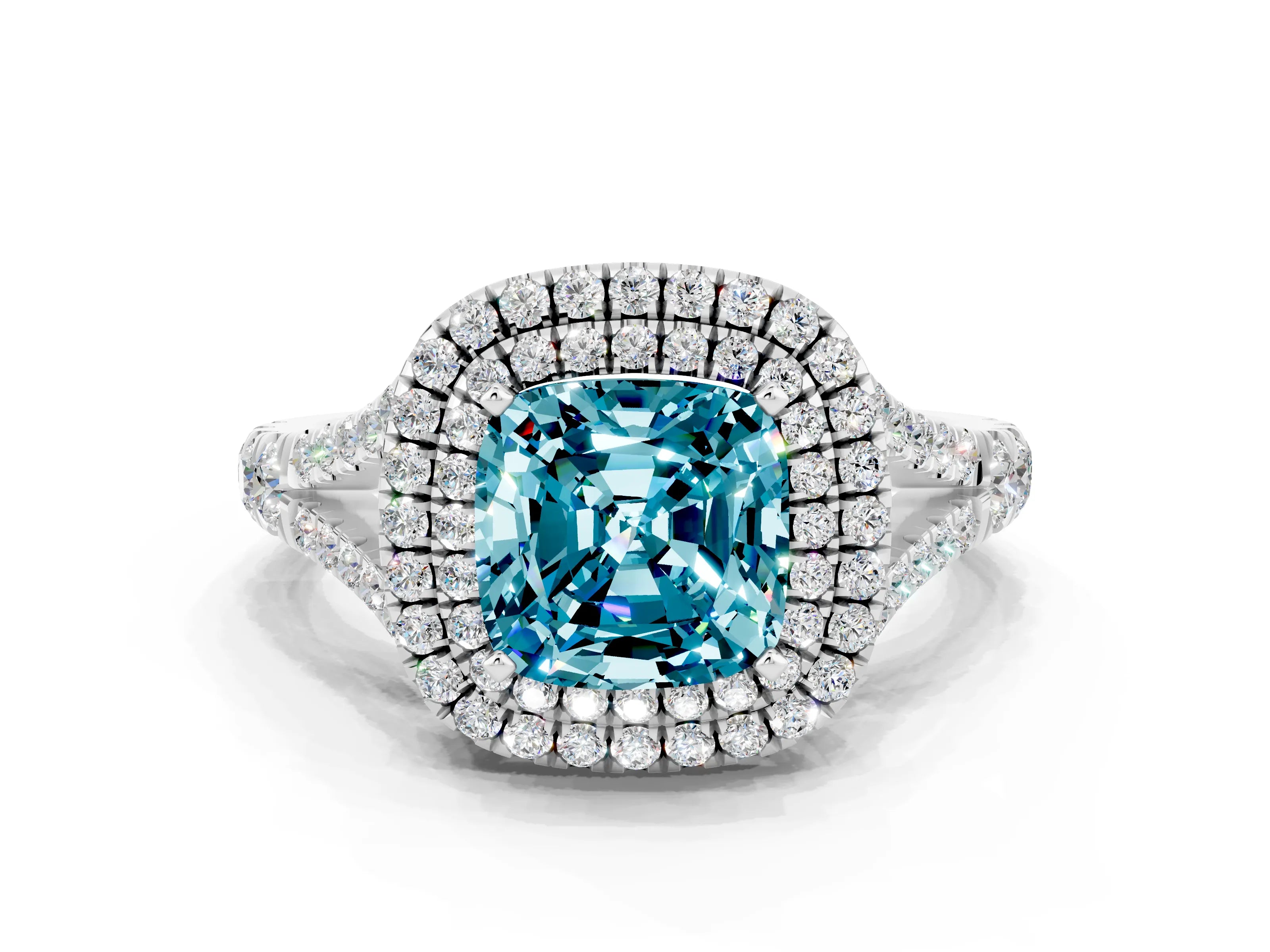 White gold Cushion Cut Blue Topaz Double Halo Ring with Split Shank and Prong Setting_12