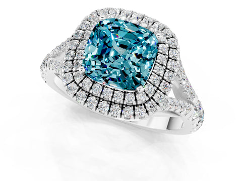 White gold Cushion Cut Blue Topaz Double Halo Ring with Split Shank and Prong Setting_13