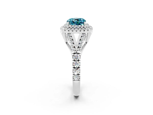 Silver Cushion Cut Blue Topaz Double Halo Ring with Split Shank and Prong Setting