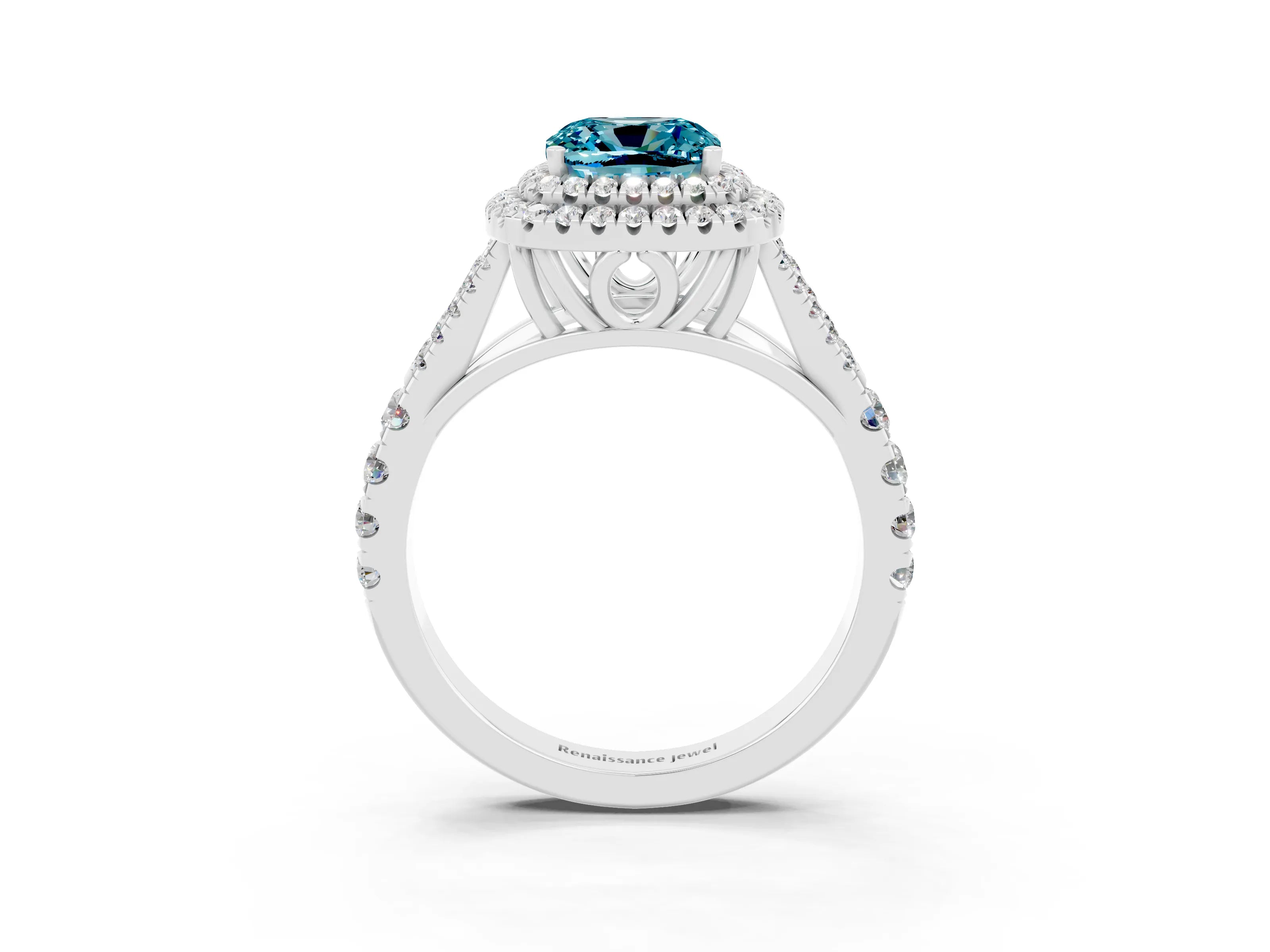 White gold Cushion Cut Blue Topaz Double Halo Ring with Split Shank and Prong Setting_15