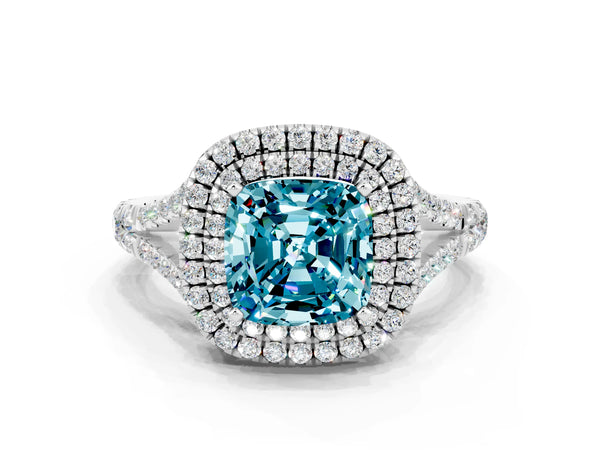 White gold Cushion Cut Blue Topaz Double Halo Ring with Split Shank and Prong Setting