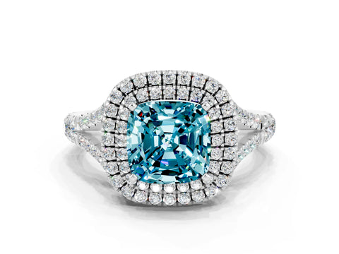 White gold Cushion Cut Blue Topaz Double Halo Ring with Split Shank and Prong Setting_24
