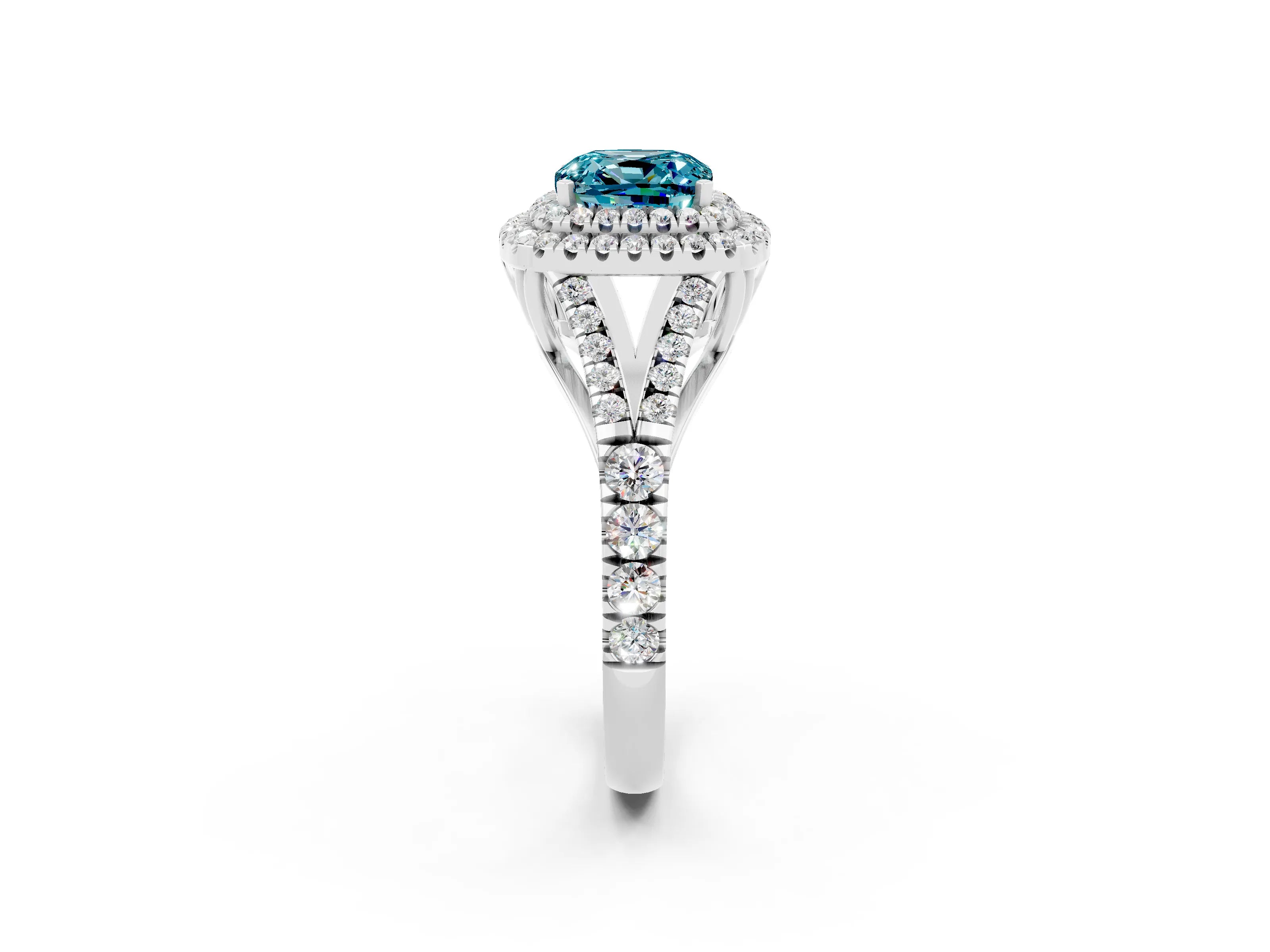 White gold Cushion Cut Blue Topaz Double Halo Ring with Split Shank and Prong Setting_26