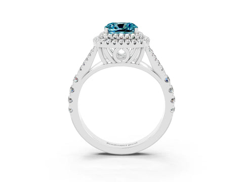 White gold Cushion Cut Blue Topaz Double Halo Ring with Split Shank and Prong Setting_27