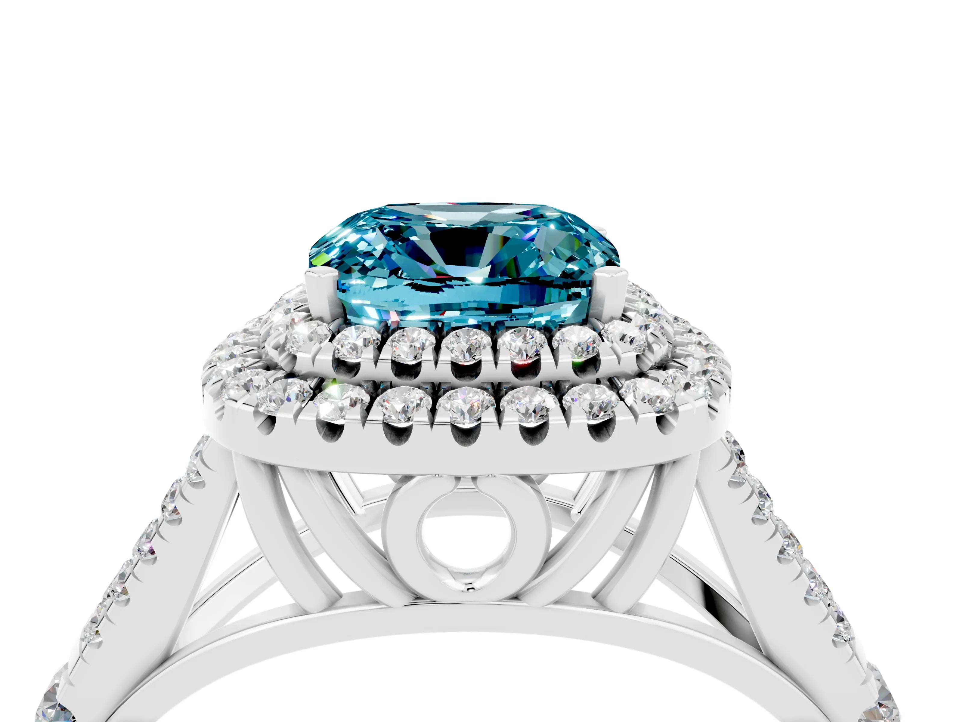 White gold Cushion Cut Blue Topaz Double Halo Ring with Split Shank and Prong Setting_28