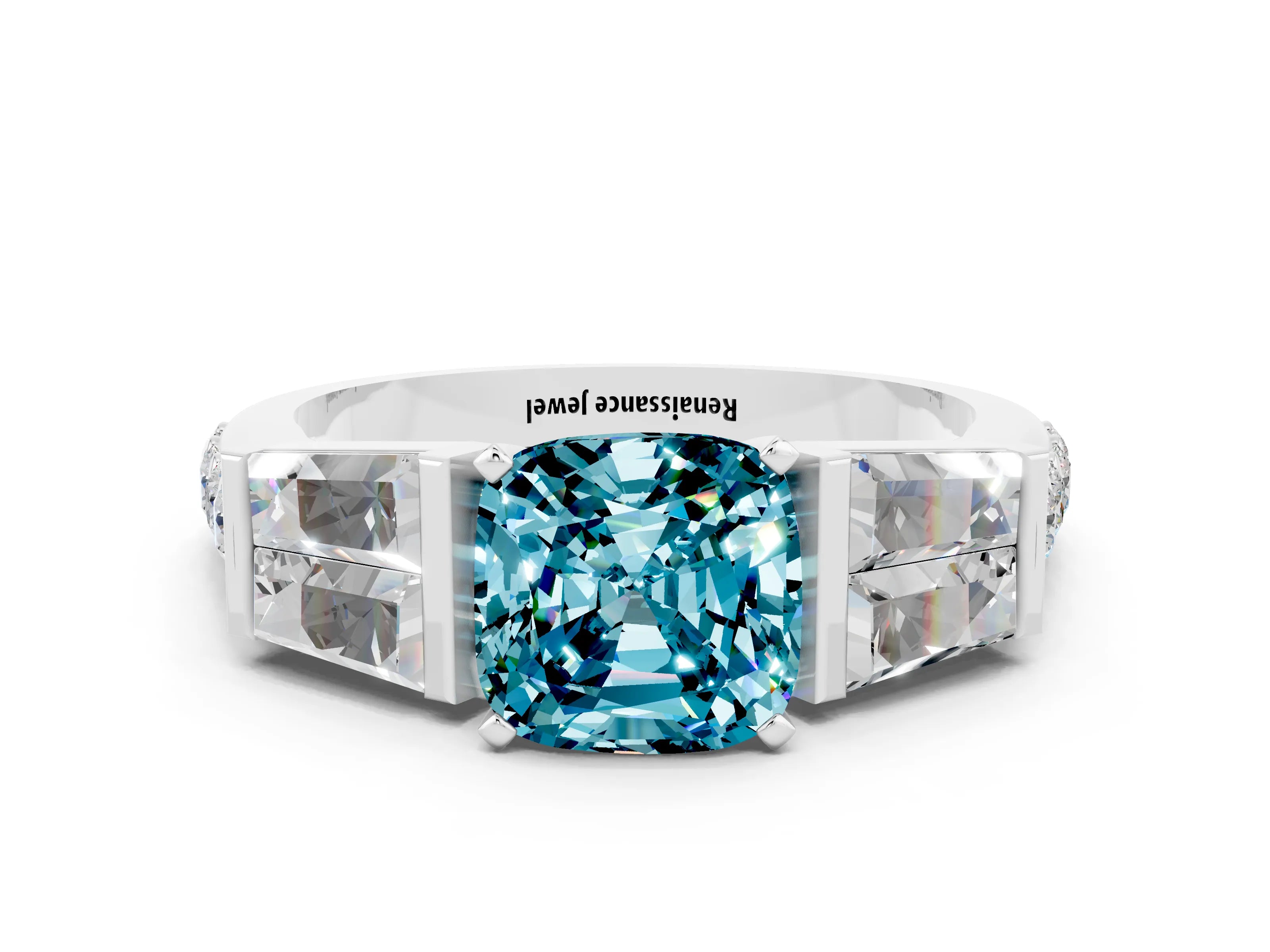 White gold Cushion Cut Blue Topaz Engagement Ring with Baguette Side Stones and Channel Set Band