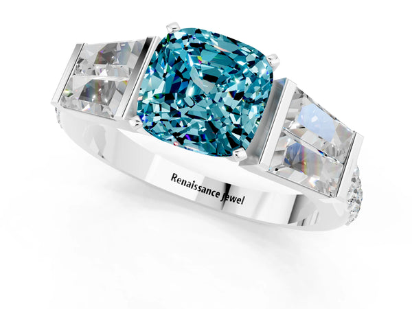Platinum Cushion Cut Blue Topaz Engagement Ring with Baguette Side Stones and Channel Set Band