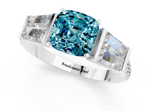 White gold Cushion Cut Blue Topaz Engagement Ring with Baguette Side Stones and Channel Set Band_1