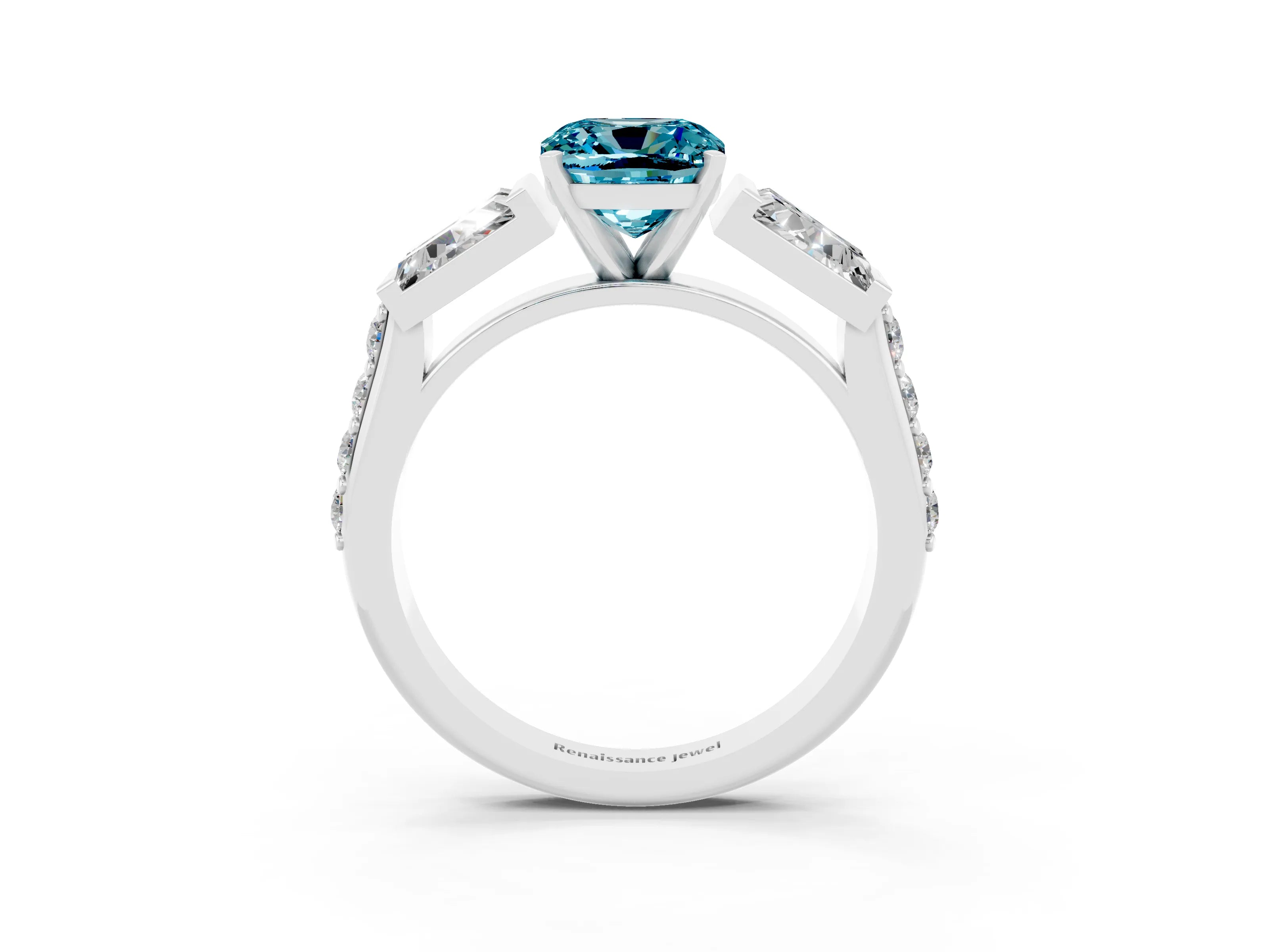 White gold Cushion Cut Blue Topaz Engagement Ring with Baguette Side Stones and Channel Set Band_3