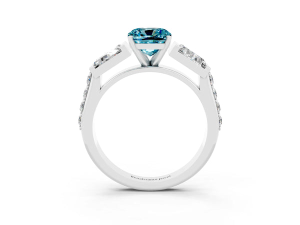 Silver Cushion Cut Blue Topaz Engagement Ring with Baguette Side Stones and Channel Set Band