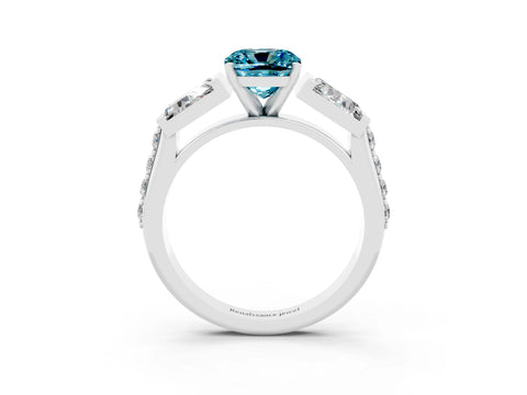 White gold Cushion Cut Blue Topaz Engagement Ring with Baguette Side Stones and Channel Set Band_3