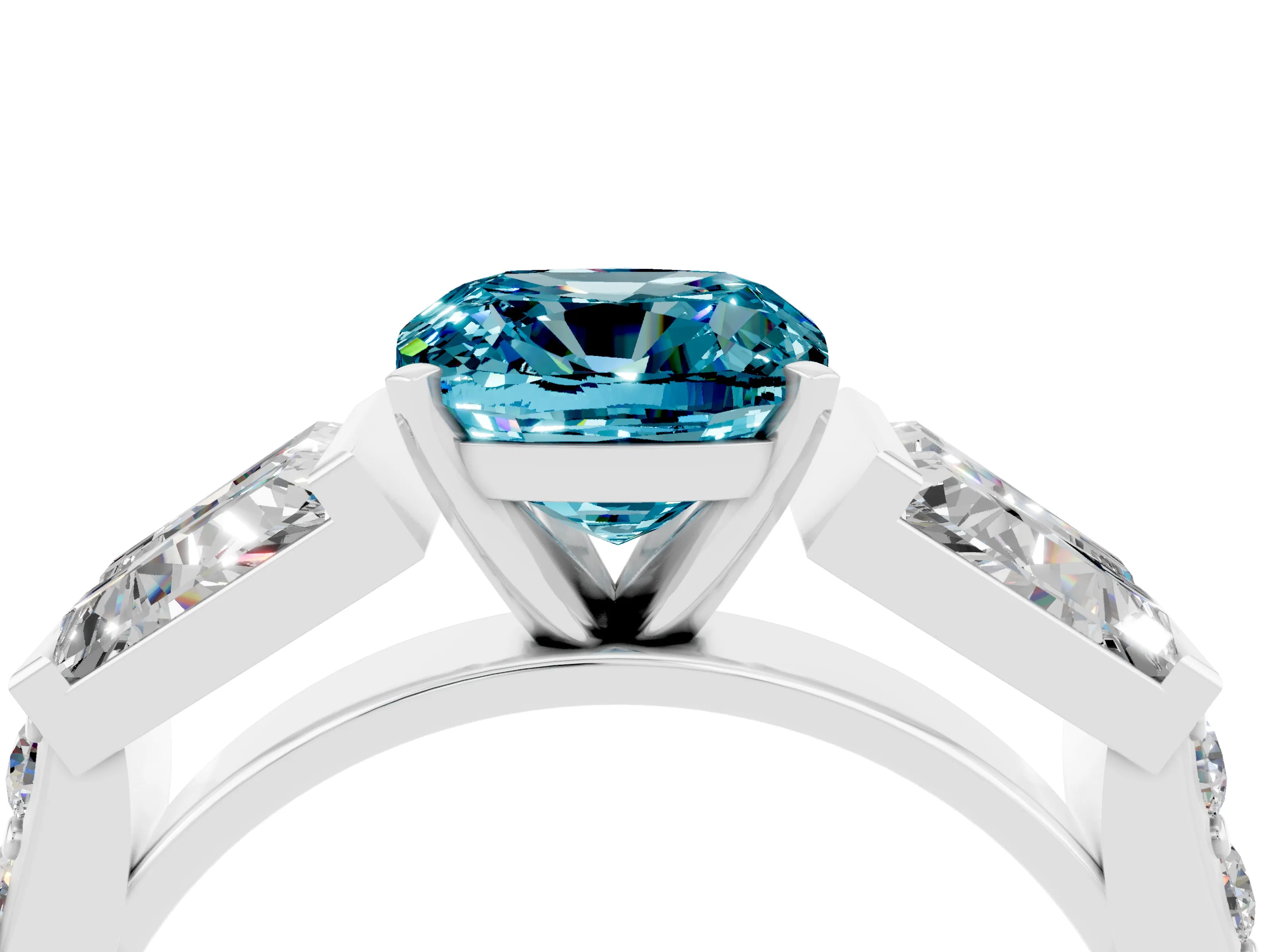 White gold Cushion Cut Blue Topaz Engagement Ring with Baguette Side Stones and Channel Set Band_4