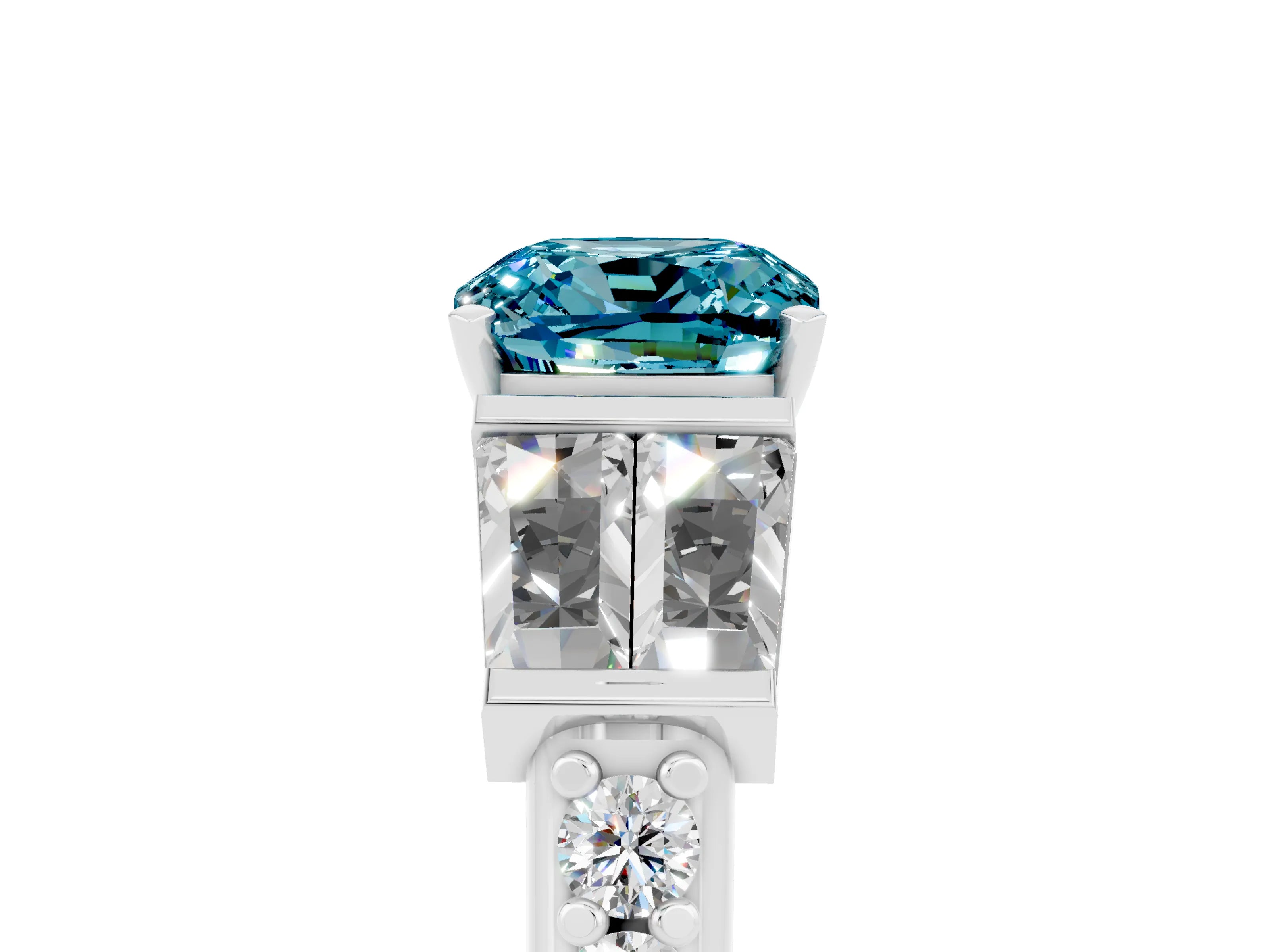 White gold Cushion Cut Blue Topaz Engagement Ring with Baguette Side Stones and Channel Set Band_5