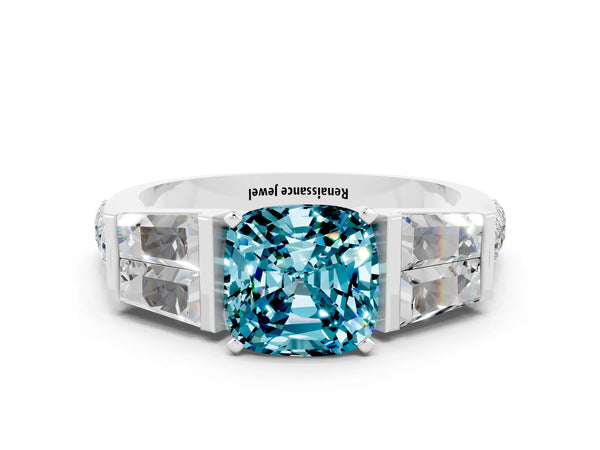 White gold Cushion Cut Blue Topaz Engagement Ring with Baguette Side Stones and Channel Set Band