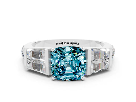 White gold Cushion Cut Blue Topaz Engagement Ring with Baguette Side Stones and Channel Set Band