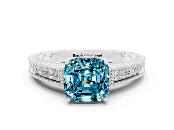 Platinum Cushion Cut Blue Topaz Engagement Ring with Milgrain Channel Set Band and Prong Setting