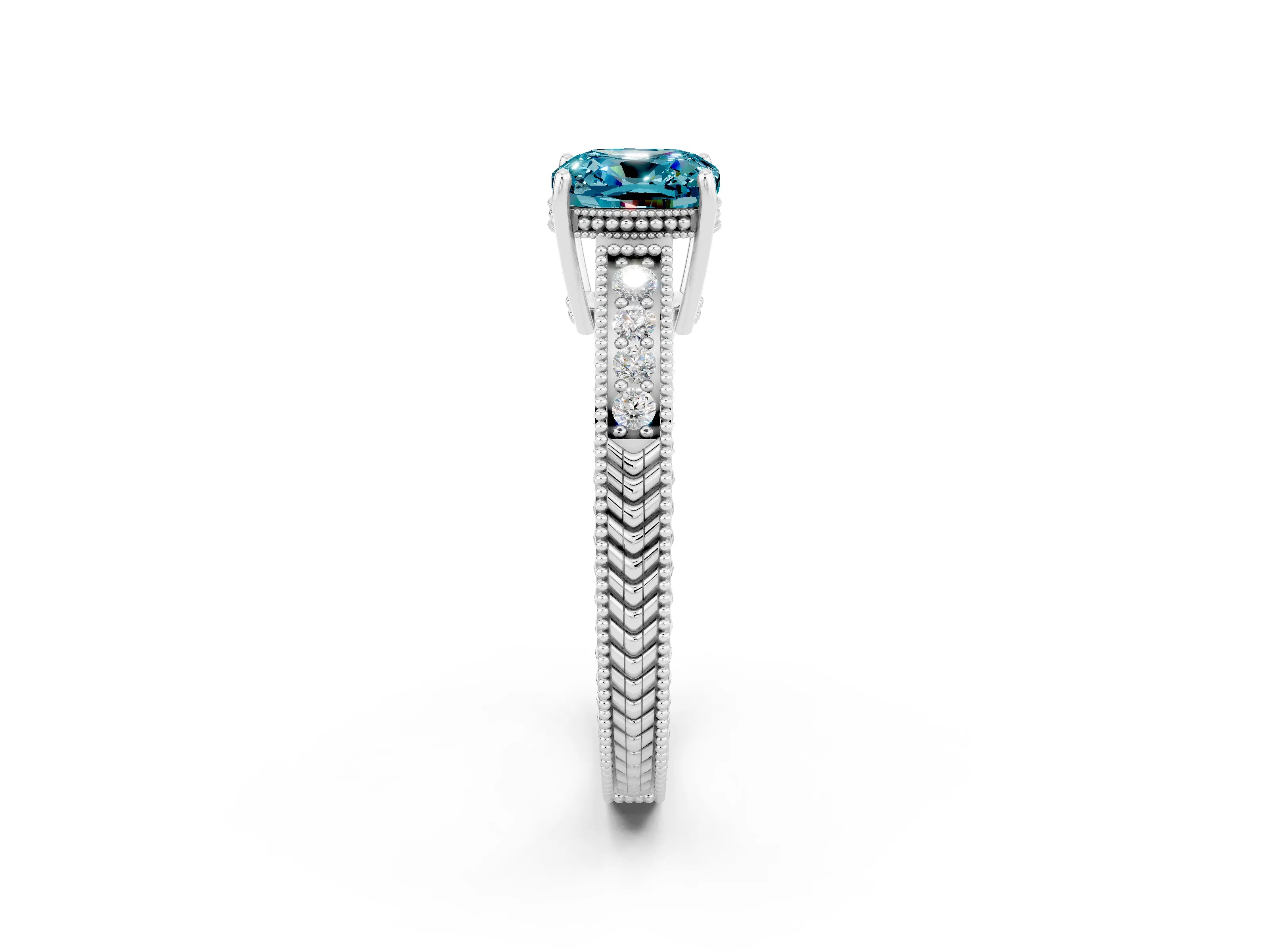 White gold Cushion Cut Blue Topaz Engagement Ring with Milgrain Channel Set Band and Prong Setting_2