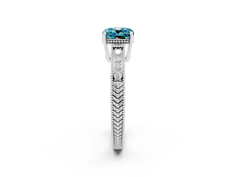 White gold Cushion Cut Blue Topaz Engagement Ring with Milgrain Channel Set Band and Prong Setting_2