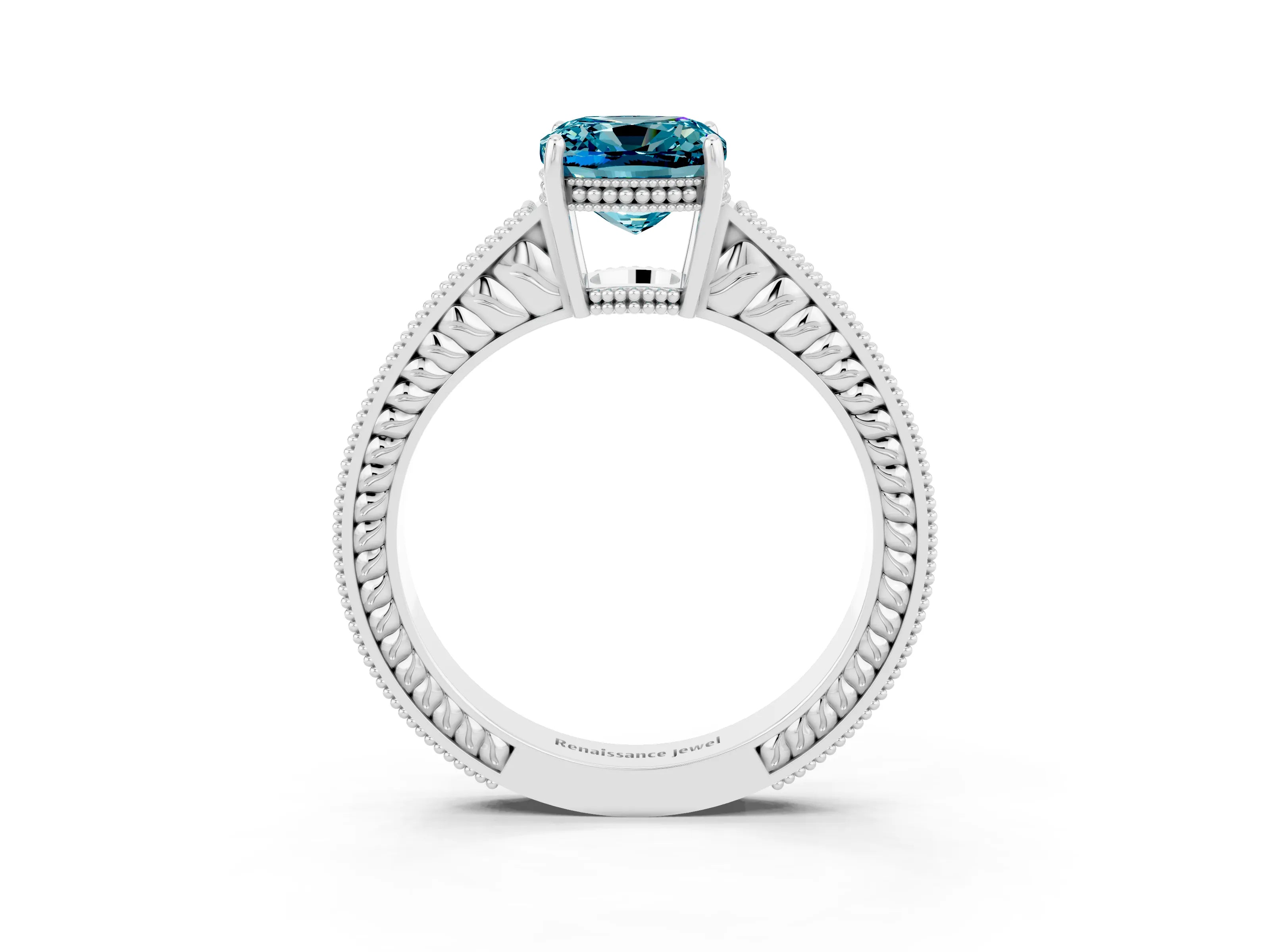 White gold Cushion Cut Blue Topaz Engagement Ring with Milgrain Channel Set Band and Prong Setting_3