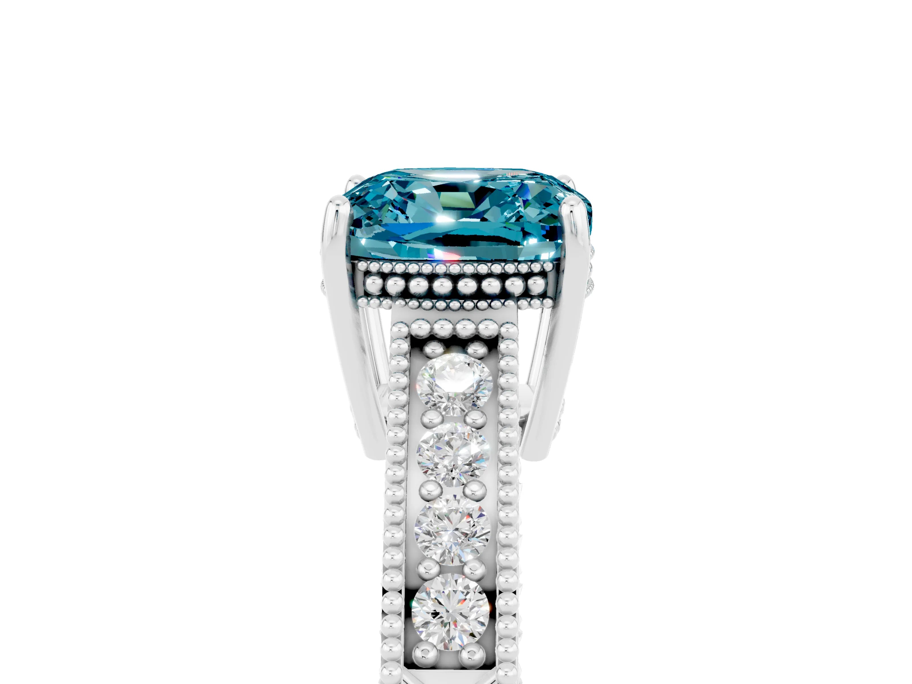 White gold Cushion Cut Blue Topaz Engagement Ring with Milgrain Channel Set Band and Prong Setting_5