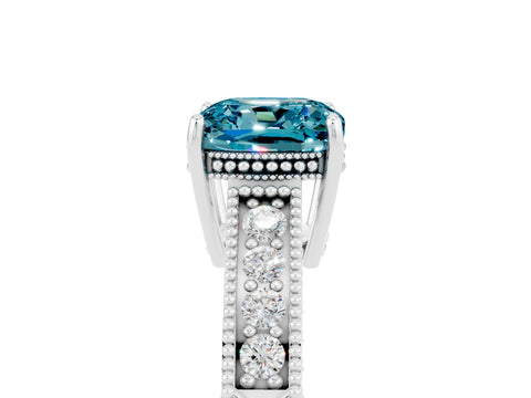 White gold Cushion Cut Blue Topaz Engagement Ring with Milgrain Channel Set Band and Prong Setting_5