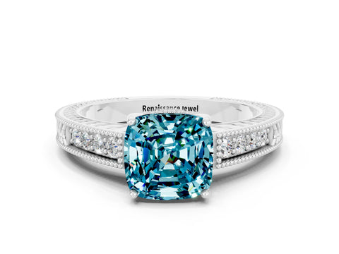 White gold Cushion Cut Blue Topaz Engagement Ring with Milgrain Channel Set Band and Prong Setting