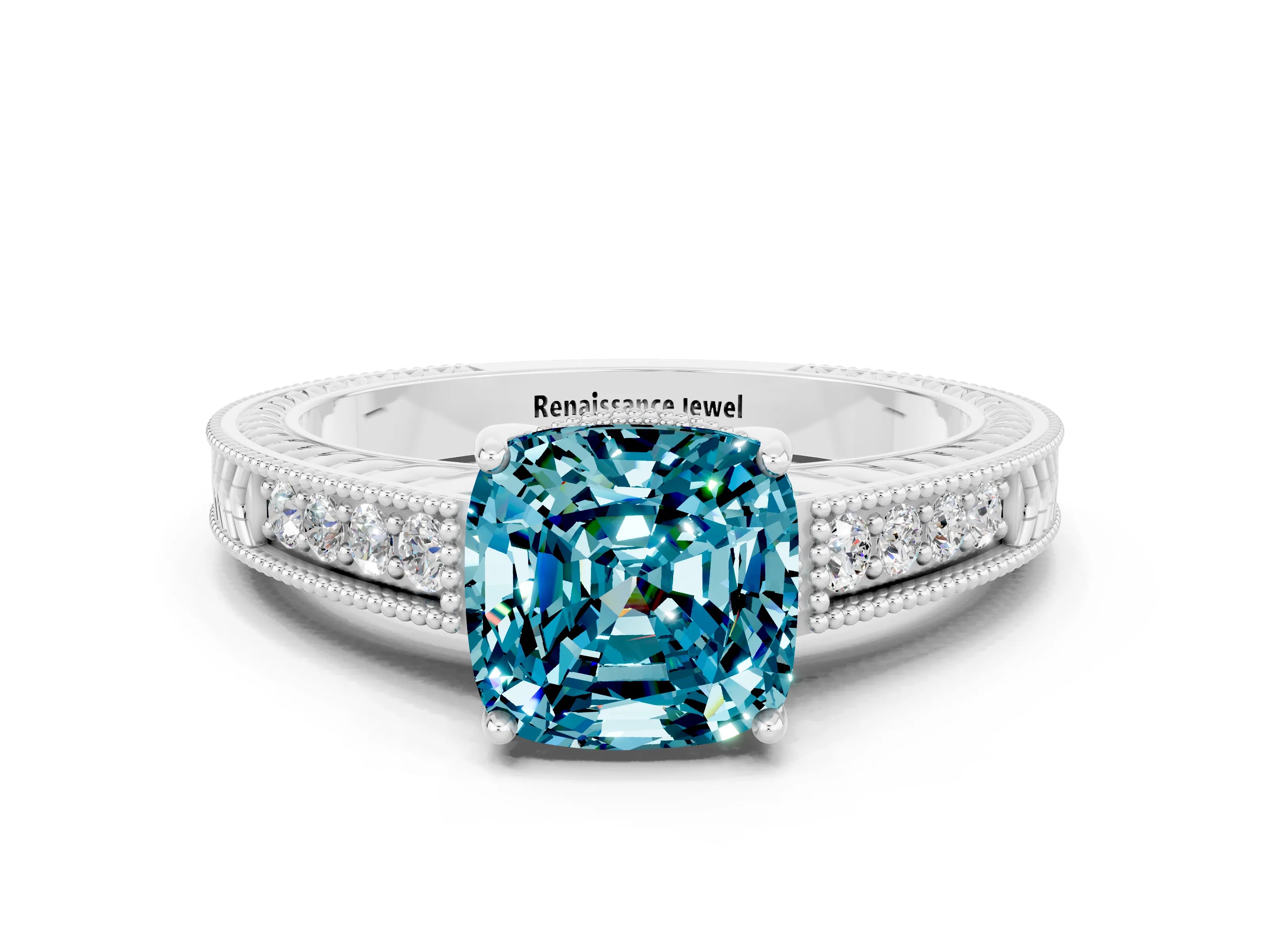 White gold Cushion Cut Blue Topaz Engagement Ring with Milgrain Channel Set Band and Prong Setting