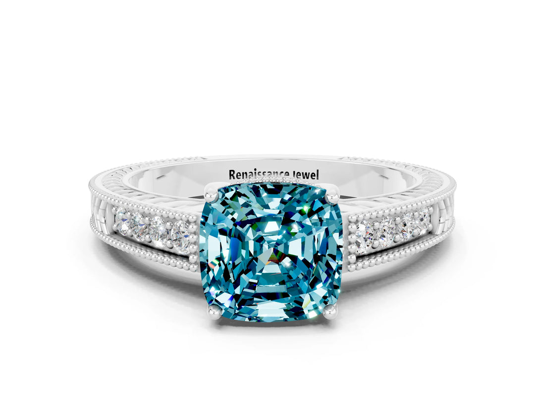 White gold Cushion Cut Blue Topaz Engagement Ring with Milgrain Channel Set Band and Prong Setting
