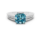 White gold Cushion Cut Blue Topaz Engagement Ring with Milgrain Channel Set Band and Prong Setting